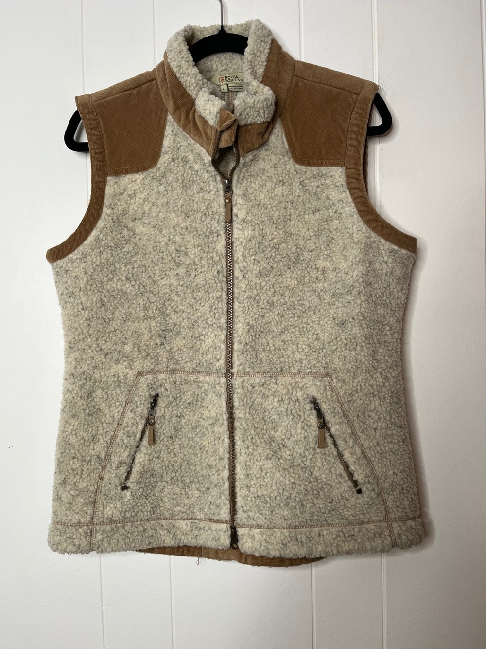Royal Robbins Women's Cream Sherpa Zip Vest with Brown Corduroy Trim Size L